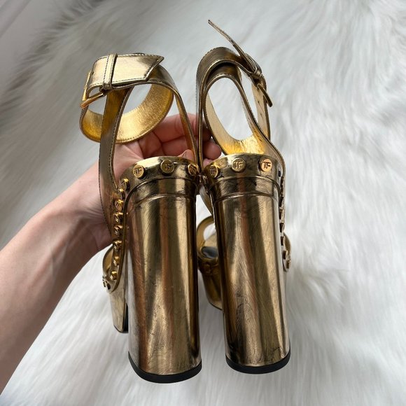 Tom Ford Women's Gold Metallic Ankle-Wrap Plataform Sandal Size 38.5 - Picture 10 of 11